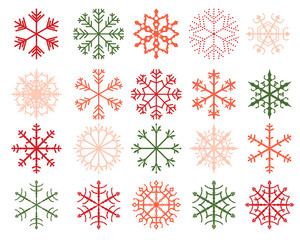 Winter snowflake designs, abstract geometric shapes in green, red and pink colors