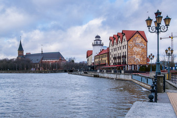 Naklejka premium Fish village and cathedral in Kaliningrad center