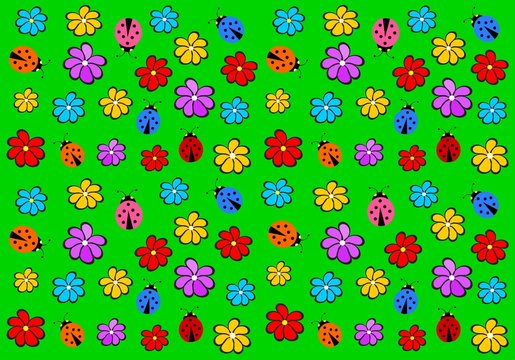Cheerful children wallpaper with colorful flowers and ladybirds