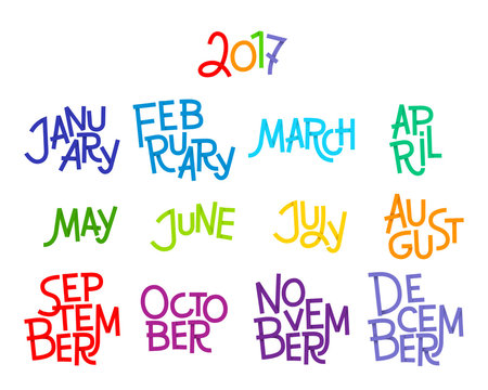 Lettering months of the year: December, January, February, March, April, May, June, July, August, September, October, November. 2017. Words for calendars and organizers. Vector illustration.