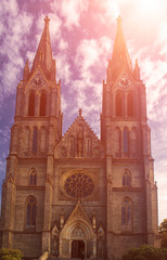 Fototapeta premium Medieval Kostel sv. Ludmily - Church of St. Ludmila - in Prague, Czech republic, travel outdoor vintage hipster instagram european religious image with sunlight