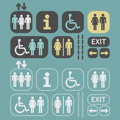 Black, yellow, and white silhouette and outline Man and Woman public access icons set on teal background