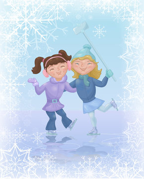 Two girls ice skating and taking selfie. Cute cartoon characters at skating rink. Christmas card with kids doing winter sports