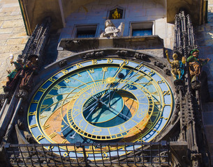 Close up of Prague ancient famous astronomical clock, called orloj, with zodiac signs in the center of medieval Czech capital
