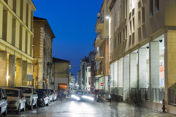 Night Corso d'Augusto Street in Rimini, Italy.