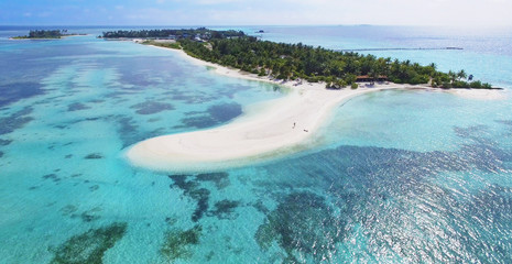 Panoramic landscape seascape aerial view over a Maldives Male Atoll islands. White sandy beach seen from above.