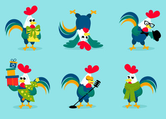  Funny roosters in different poses isolated on background. Cute cartoon rooster vector illustration. Cock, farm animal the symbol of New Year 2017