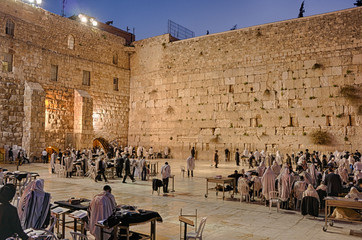 Fototapeta premium Sunrise over the Old City of Jerusalem Israel near the western wall and the dome of the rock
