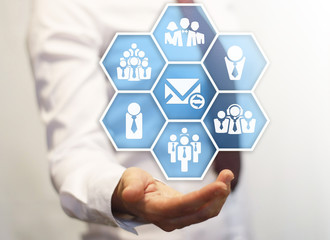 Businessman offer honeycomb button with mail security sign. Businesswoman represent envelope icon with lock and team symbols. Email concept. Internet, message, network, teamwork, web, communication.