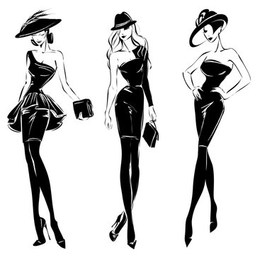 Black and white retro fashion models set in sketch style. Hand drawn vector