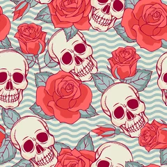 Keuken foto achterwand Doodshoofd met bloemen naadloos patroon met schedel en rozen