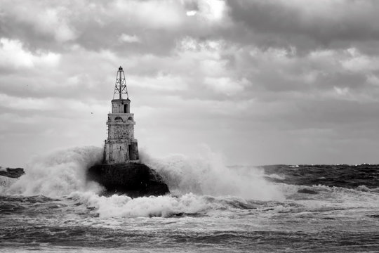 Lighthouse in the port of Ahtopol, Black Sea, Bulgaria,black and white