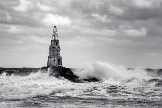 Fototapeta Lighthouse in the port of Ahtopol, Black Sea, Bulgaria,black and white