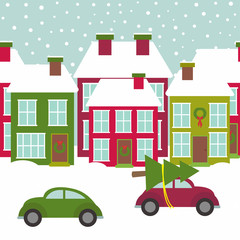 town street with houses and cars in winter time - vector illustration, eps