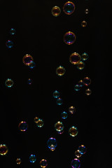 Colorful soap bubbles over black background