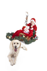 Kinder im Weihnachtsoutfit auf Schlitten mit Hund Porträt