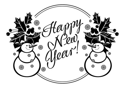 Holiday label with funny snowman and written greeting "Happy New Year!". Vector clip art.
