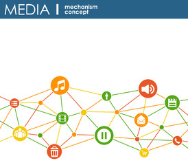 Media mechanism concept. Growth abstract background with integrated meta balls, integrated icon for digital, strategy, internet, network, connect, communicate, technology, global concepts.