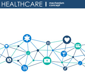 Healthcare mechanism concept. Abstract background with connected gears and icons for medical, health, strategy, care, medicine, network, social media and global concepts. Vector infographic.