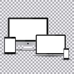Set of blank screens. Computer monitor, laptop, tablet, smartphone