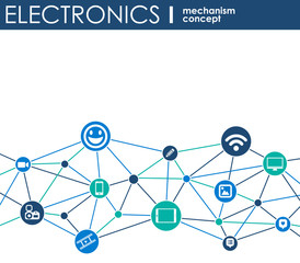 Electronics mechanism. Abstract background with connected gears and integrated flat icons. Connected symbols for laptop, monitor, phone. Vector interactive illustration