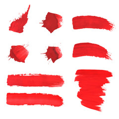 Set of hand drawn watercolor red spots, lines and banner for des