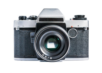 Retro film photo camera isolated on white background - obrazy, fototapety, plakaty