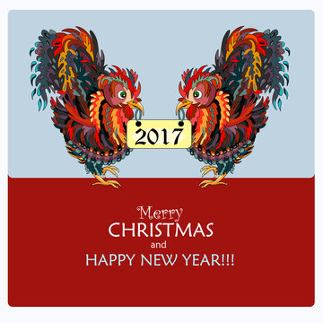 Two cock. New Year card. Symbol 2017. - Stock vector