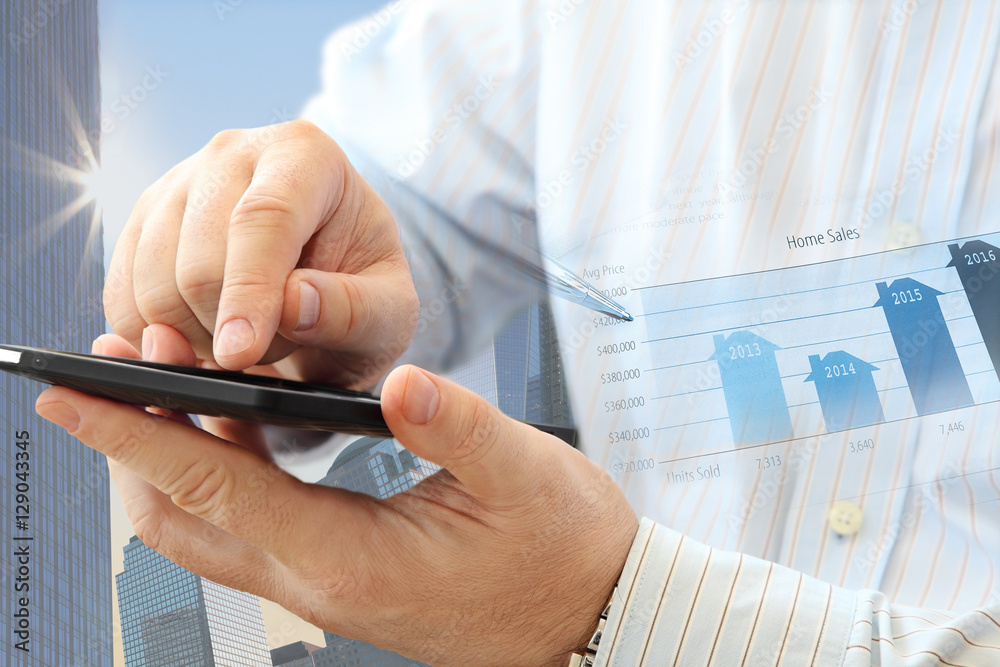 Poster close up of man using smartphone on urban background