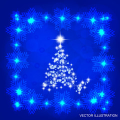 Background in abstract blue colours with christmas tree. Vector illustration.