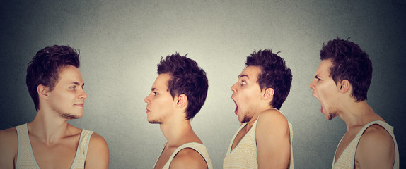 man looking at himself expressing different emotions calm, shock, anger