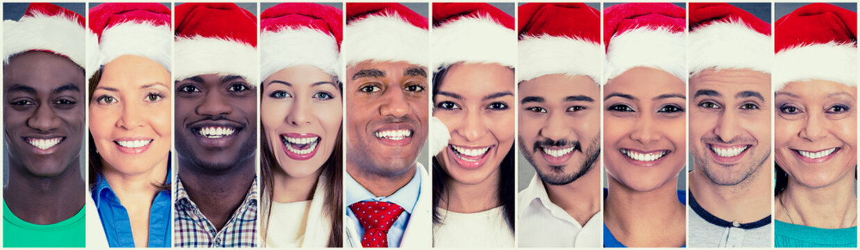 Multicultural group happy people men women in santa claus hats