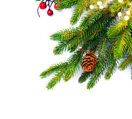 Christmas corner background. Decorated xmas tree isolated on white 