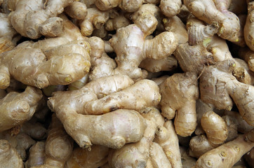 Ginger roots piled for market display