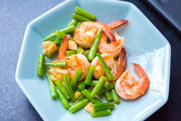 closeup stir fried asparagus with shrimp