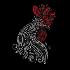 Beautiful Christmas vector rooster with red crest on black background