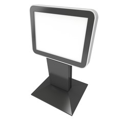 LCD Screen Stand. Blank Trade Show Booth. 3d render of lcd tv isolated on white background. High Resolution. Ad template for your expo design.