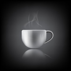 Realistic White Coffee Cup with Steam on black Background, Illus