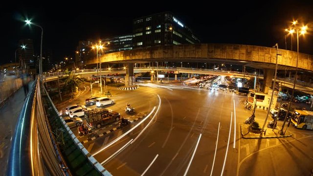 Time lapse - Traffic at night in Bangkok, Thailand taken by fisheye lens