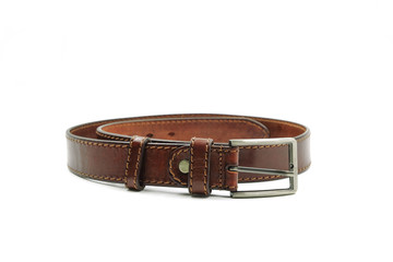 Brown leather belt on white background