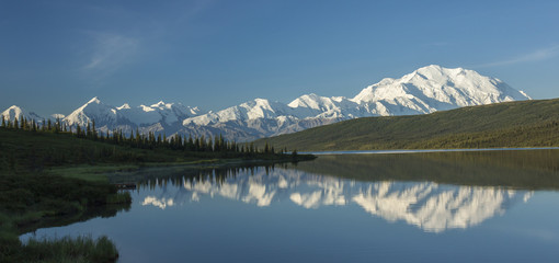 The Alaska Range reflected in Wonder Lake, Denali National Park,
