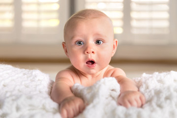 Surprised funny expression cute puffy chubby cheeks big blue eyes infant child in crib
