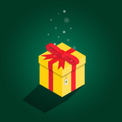 Merry Christmas yellow gift with red ribbon and Christmas tree tag isometric on green background. Snow flake falling.