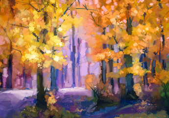 Oil painting landscape - colorful autumn trees. Semi abstract image of forest, trees with yellow - red leaf. Autumn, Fall season nature background. Hand Painted autumn landscape, Impressionist style © nongkran_ch