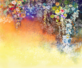 Obraz premium Abstract floral watercolor painting. Hand painted White, Yellow and Red flowers in soft color on blue green color background. Ivy flowers in tree park. Spring flower seasonal nature background