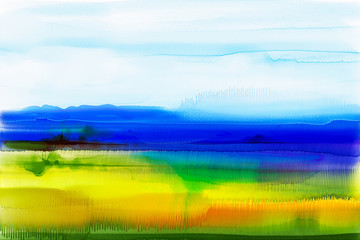 Obraz premium Abstract watercolor background. Semi- abstract watercolor painting landscape,image of tree, hill and green field with sunlight and blue sky. Spring season nature background