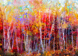 Oil painting landscape, colorful autumn trees. Semi abstract paintings image of forest, aspen tree with yellow, red leaf. Fall season nature background. Hand Painted Impressionist, outdoor landscape - 129052381