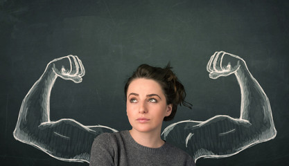 woman with sketched strong and muscled arms
