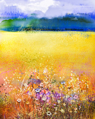 Obrazy  Streszczenie kwiatowy malarstwo akwarela. Ręcznie malowane białe, żółte i czerwone kwiaty w delikatnym kolorze na niebiesko zielonym tle. Bluszcz kwiaty w parku drzew. Wiosenny kwiat sezonowy charakter tła