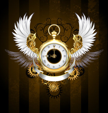 Gold watch with white wings